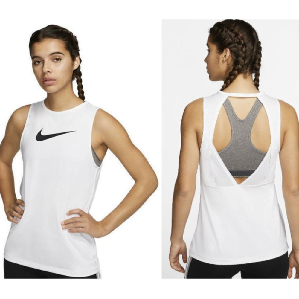 NIKE Pro [L] Dri-Fit White Swoosh Logo Sleeveless Cutout Back Muscle Tank Top